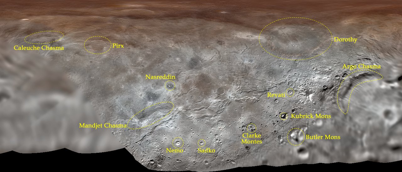 Map projection of Charon, the largest of Pluto’s five moons, annotated with its first set of official feature names. With a diameter of about 1215 km, the France-sized moon is one of largest known objects in the Kuiper Belt, the region of icy, rocky bodies beyond Neptune.